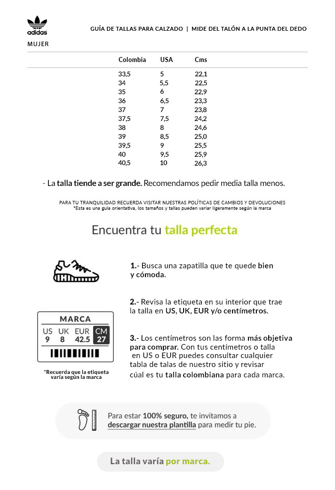Tabla De Tallas Adidas Mujer Calzado Usa A Argentina Tenis Adidas