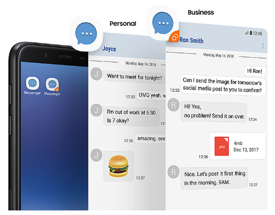Con el Samsung J6 podrñas separar tus mensajes personales y laborales gracias a la función Dual Messenger.